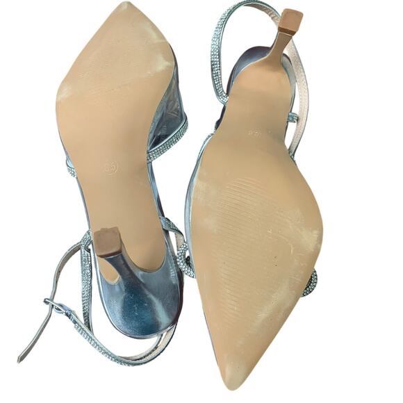 Ainrock Womens Size 8.5 SIlver Rhinestone Clear Strap Bow Wedding 3.5" Heels - Picture 6 of 6